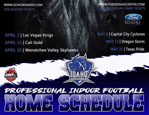 The stadium is about 20 minutes away from Boise Airport. . Idaho horsemen 2023 schedule